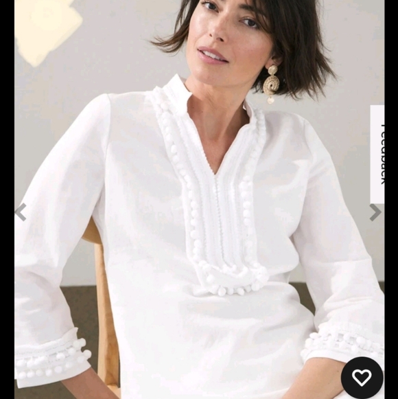 Chico’s Linen Prince Embellished Kurta Tunic Top White Pom Pom Trim Size 2 US 12 - Picture 7 of 9